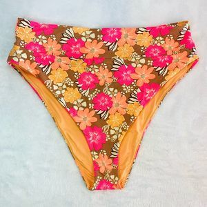 Aerie Neon Orange & Pink Floral High Waist Cheeky Bikini Swim Bottoms